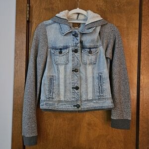 American Eagle Outfitters Women's Jean Jacket w/Knitted Sleeves & Hood